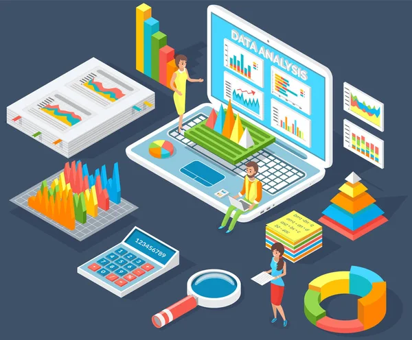 Medewerkers analyseren statistische indicatoren, bedrijfsgegevens. Karakters werken met marketingonderzoek — Stockvector