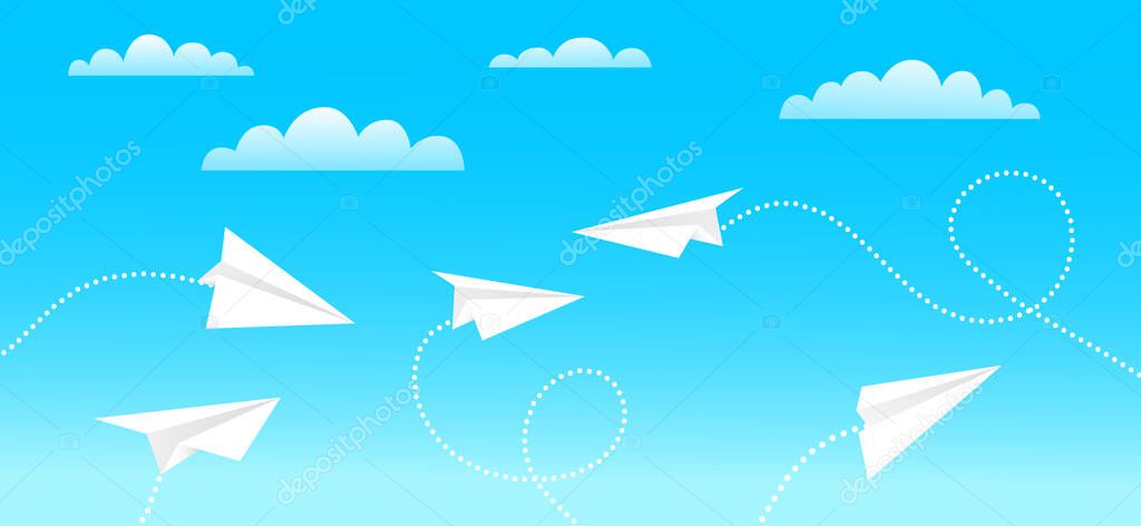 Paper plane flying in blue sky. Pattern mockup design vector illustration. Airplanes made as origami from paper. White airplanes on pattern layout. Aircrafts fly between clouds and light in sky
