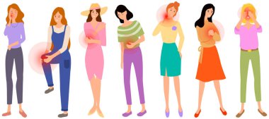 Acı çeken kadınlar. Hastalar uzuvlarına dokunuyor. Hasta insanların acı veren hisleri.