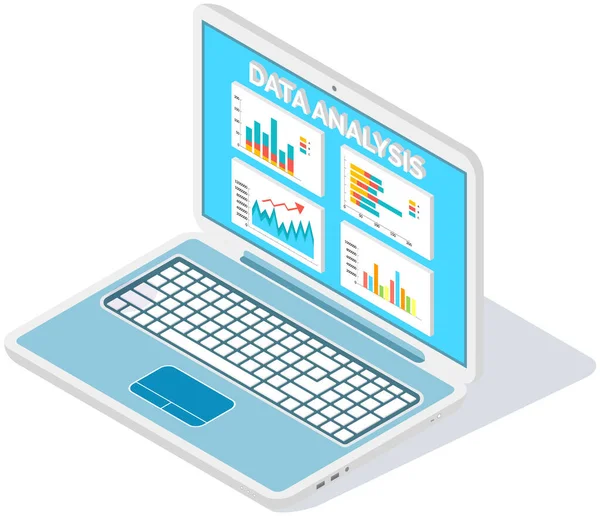 Statisztikai mutatók, üzleti adatok elemzése. Dolgozz marketing kutatással. Adatelemzés izometrikus — Stock Vector