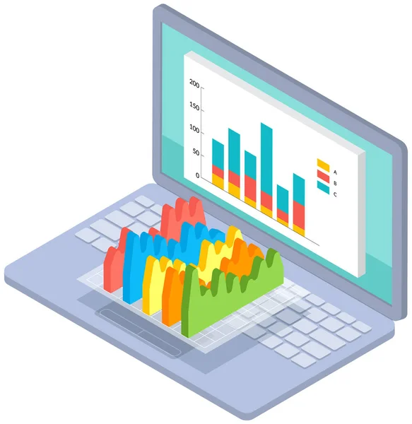 Analizzare indicatori statistici, dati aziendali. Lavora con la ricerca di marketing. Analisi dei dati isometrica — Vettoriale Stock