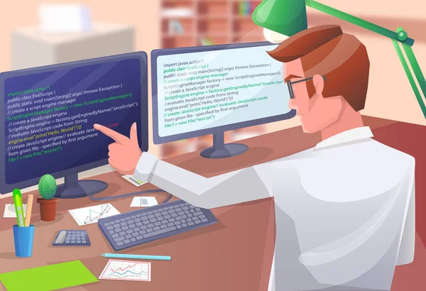 Ofis çalışanı erkek karakter bilgisayarla masaya oturuyor, programcı program kodu yazıyor — Stok Vektör