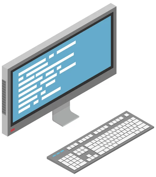 Lugar de trabajo del trabajador de oficina con pantalla de código. Escritorio con monitor de ordenador y teclado aislado — Vector de stock