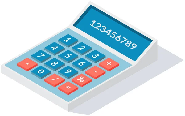 Dispositivo per il calcolo dei dati matematici. Calcolatrice con pulsanti con numeri e simboli matematici — Vettoriale Stock