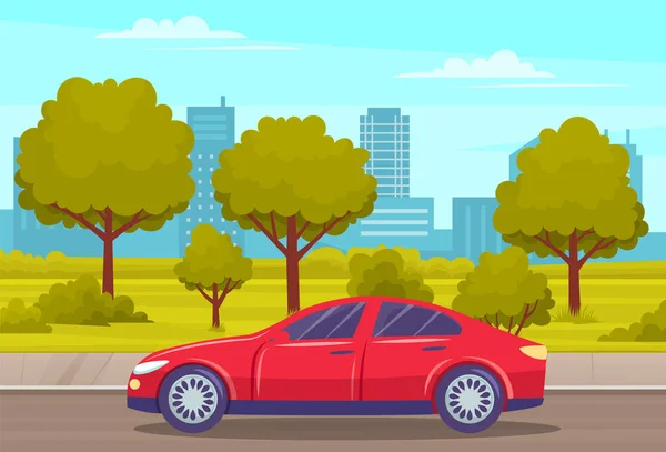 Paisaje de parque urbano con coche de pasajeros en carretera. Paisaje urbano de la ciudad con carretera y árboles — Vector de stock