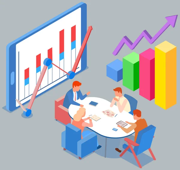 Os funcionários analisam indicadores estatísticos, dados de negócios. Trabalhos de personagens com pesquisa de marketing — Vetor de Stock