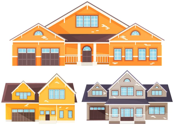 Stort gult bostadshus, hus med garage. Arkitektonisk struktur av tegel — Stock vektor
