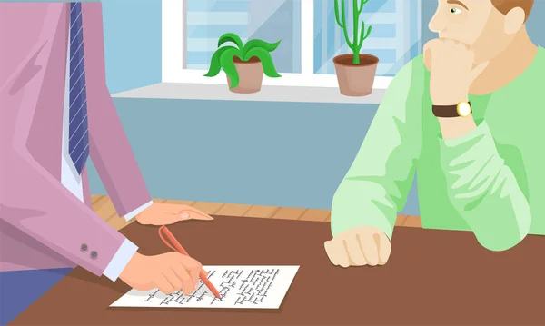 Affärsman som arbetar med dokument som sitter vid bordet tecknar avtal med affärspartner på kontoret — Stock vektor