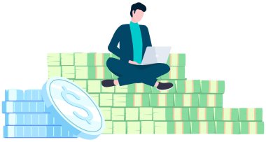 Serbest çalışan bir iş adamı. Merdivenlerde dizüstü bilgisayarlı dolar banknotlarından yapılmış erkek çalışan.