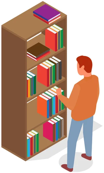 Männlicher Student nimmt Buch im Schrank mit. Zeichentrickfigur liest und nimmt Lehrbuch aus Bücherregal — Stockvektor