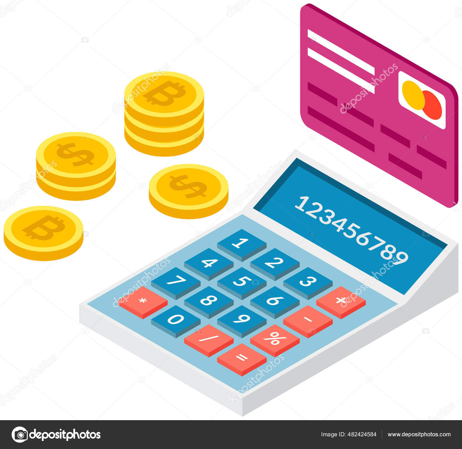 색 버튼 이 있는 파란색 계산기와 숫자가 있는 화면입니다. 금화와 분홍색 크레디트 카드 스톡 벡터 - ©robuart 482424584