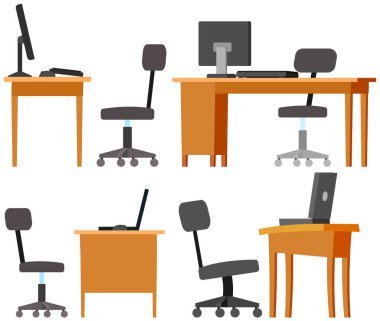 Modern işyeri düz tasarımı. Ofis koltuğu ve ofis masası. İçi rahat oda kitaplarıyla dolu.