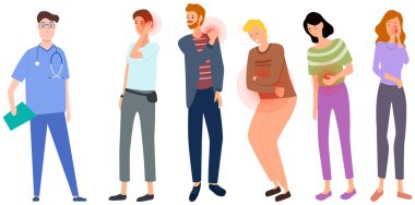 Ağrılı eklemleri olan hastalar doktorla görüşüyor. Acı çeken üzgün insanlar.