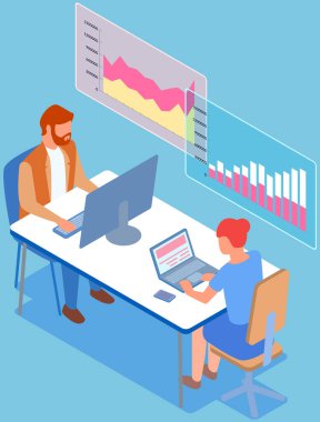 Çalışanlar istatistiksel göstergeleri, iş verilerini analiz ederler. Karakterler pazarlama araştırmalarıyla çalışır