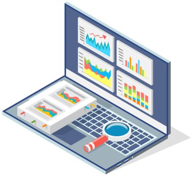 İstatistiksel göstergeleri, iş verilerini analiz et. Pazarlama araştırmalarında çalış. Veri analizi izometrik
