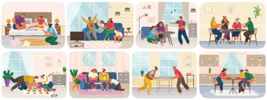 Ev setinde masa oyunu oynayan bir aile. Ebeveynler ve çocuklar birlikte oturma odasında vakit geçirirler.