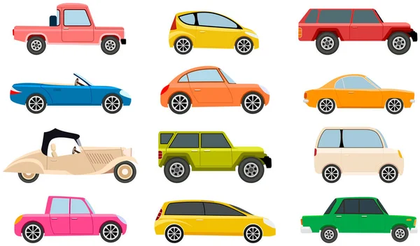 Carros de diferentes tipos sem motoristas. Conjunto de modos de transporte e formas ilustração vetorial — Vetor de Stock