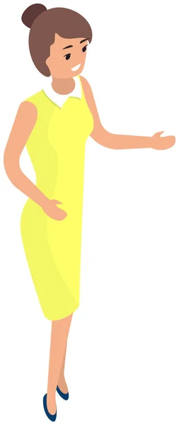 Chica vestida con vestido amarillo aislado sobre fondo blanco. El personaje femenino habla, le dice a alguien — Archivo Imágenes Vectoriales