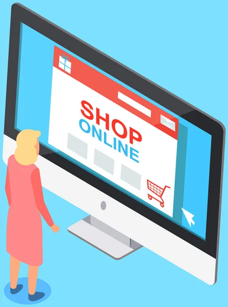 Personaje femenino selecciona productos en el sitio web de la tienda. Mujer usando programa para compras en línea — Archivo Imágenes Vectoriales