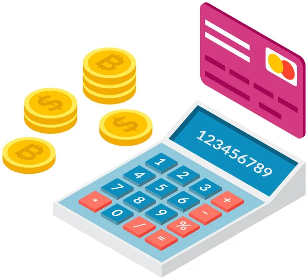 Kék számológép színes gombokkal és képernyő számokkal. Arany érmék és rózsaszín hitelkártya — Stock Vector