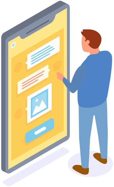 Maschio personaggio utilizza smartphone per chattare, facile applicazione di messaggio. L'uomo sta chiacchierando in messaggero — Vettoriale Stock
