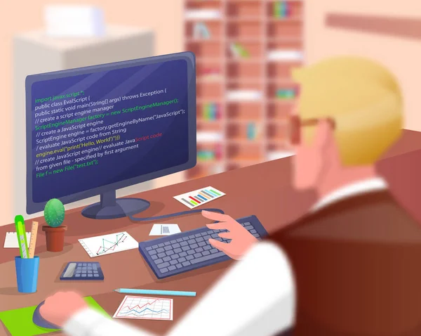 Travailleur de bureau personnage masculin assis à table avec ordinateur, programmeur écrit le code du programme — Image vectorielle