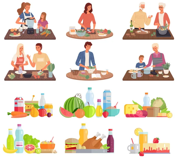 Zestaw ilustracji o wegetariańskim jedzeniu. Ludzie gotują bezmięsne posiłki. Naturalne składniki organiczne — Wektor stockowy