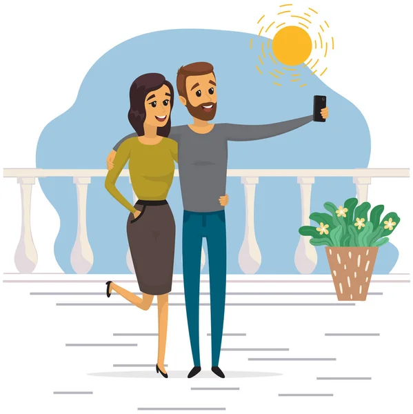 Koppel met smartphone poseren voor gezamenlijke foto. Mensen met mobiele telefoon camera nemen selfies samen — Stockvector