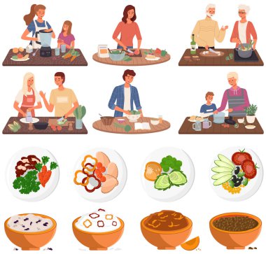 İnsanların vejetaryen yemekleri pişirdiği sahneler. Düzgün beslenme, sağlıklı yaşam tarzı ve vejetaryenlik