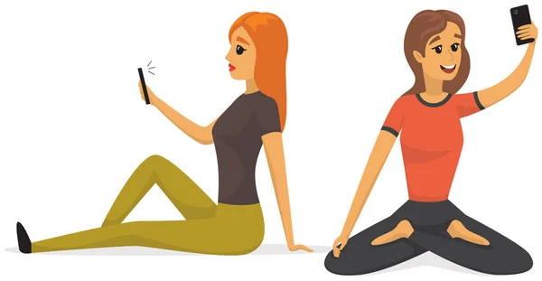 Señoras con teléfono inteligente están posando para las fotos autorretrato y haciendo yoga en posición de loto — Archivo Imágenes Vectoriales