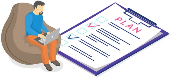 El hombre con portapapeles está mirando el papel de lista de tareas pendientes. Empleado está analizando su plan para la semana — Vector de stock