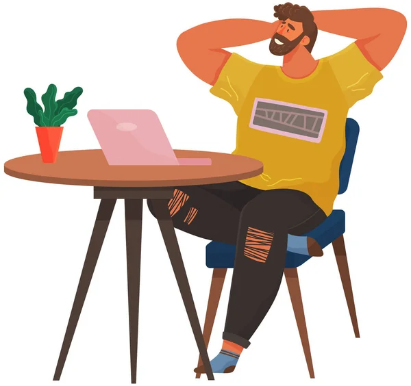 Happy man chilling on his working place. Relaxed guy sitting on chair feeling satisfied from work — Stock Vector
