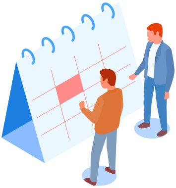 İş arkadaşları iş takvimini tartışıyor. İnsanlar zaman yönetimi ve ay planlama konularıyla ilgilenir.