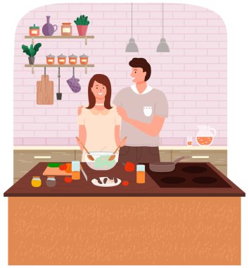 Mutlu bir aile, masada birlikte sağlıklı vejetaryen yemekleri pişiriyor. Aile yemeği hazırlığı.