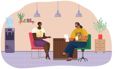 İş arkadaşları ofiste konuşuyor. İş arkadaşları, gevşeyen, sohbet eden çizgi film karakterleri, gülümseyen adam ve kadın