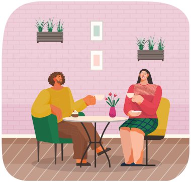 Restoranda genç ve mutlu bir çift. Hafta sonları kafede buluşan çizgi film arkadaşlarıyla çıkmak.