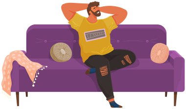 Dairedeki kanepede yatan adam. Mutlu genç adam rahatlıyor, rüya görüyor. Kanepede dinlen, evde dinlen.