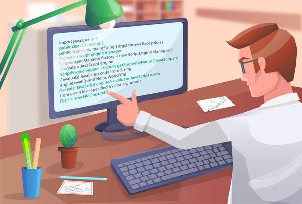 Ofis çalışanı erkek karakter bilgisayarla masaya oturuyor, programcı program kodu yazıyor — Stok Vektör