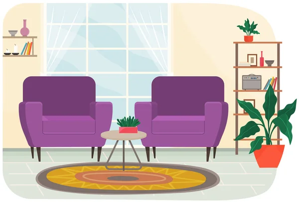 Woonkamer interieur met twee kleurrijke fauteuils, planten en boekenplank om te ontspannen en podcasting — Stockvector