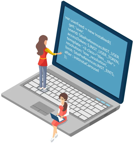 La gente mirando la pantalla del ordenador portátil con el código del programa. Programadores codificando el nuevo proyecto en el portátil — Archivo Imágenes Vectoriales