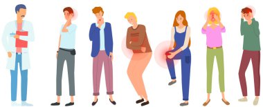 Ağrılı eklemleri olan hastalar doktorla görüşüyor. Acı çeken üzgün insanlar.