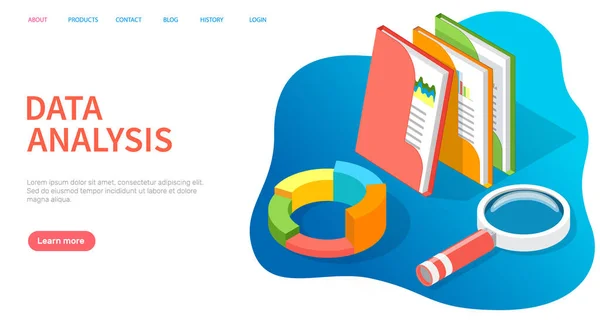 Analyseer statistische indicatoren, bedrijfsgegevens. Werken met marketing onderzoek. isometrische gegevensanalyse — Stockvector