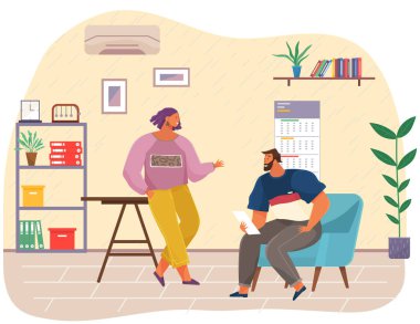 Erkek ve kadın diyalog kurar, konuşur, stüdyoda dinlenir. İnsanlar işte iletişim kurarlar.