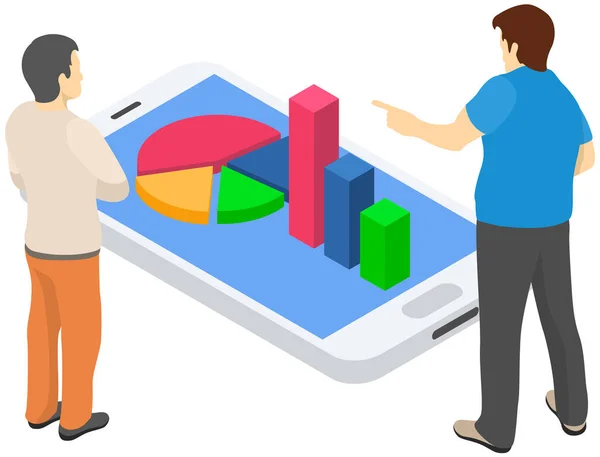 Informační obchodní statistiky digitální indikátor prvek, infographics. Muži stojící blízko diagramu — Stockový vektor