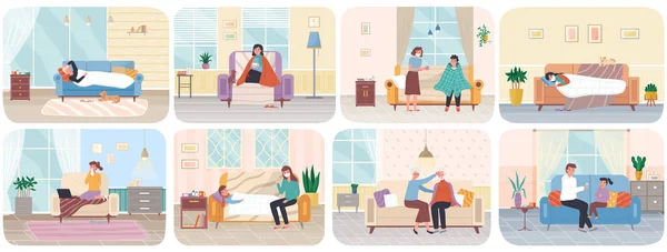 Люди с гриппом на самоизоляции в квартире. Комплект иллюстраций на тему домашнего лечения — стоковый вектор