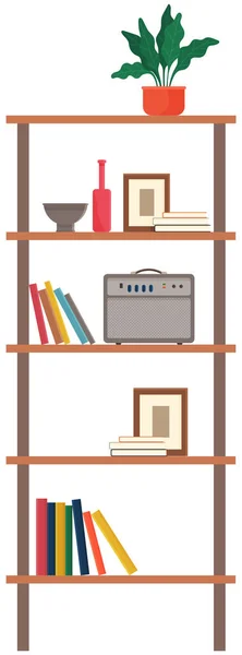 Książki, trawa doniczkowa, wazon, lustro na półkach ambry. Drewniana szafa lub półka z dekoracjami — Wektor stockowy