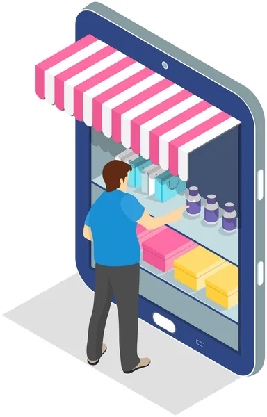 Online shopping web technologies concept. Man standing next to big smartphone in form of trade kiosk — Stock Vector