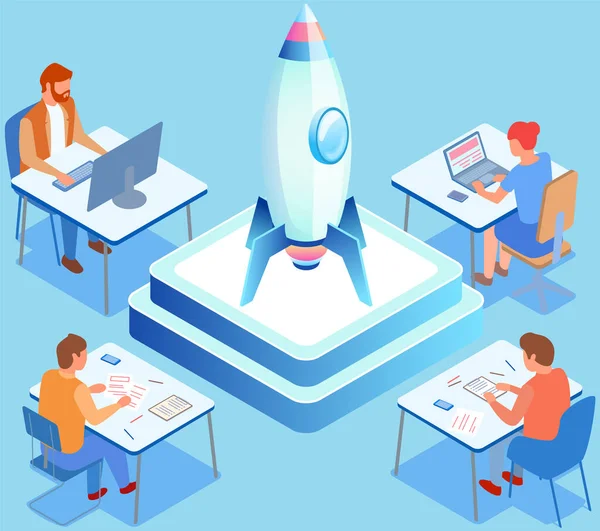 Teamwork met ruimteproject en technologieën. Rocket als symbool van startup launch, nieuw business idee — Stockvector