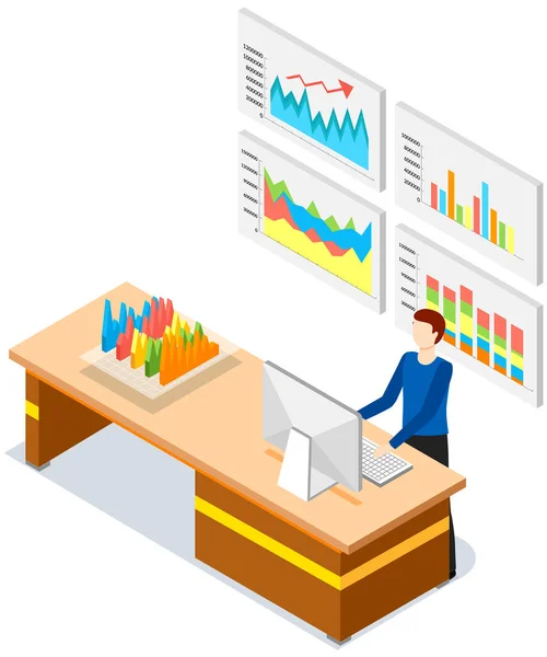 I dipendenti analizzano indicatori statistici, dati aziendali. I personaggi lavorano con la ricerca di marketing — Vettoriale Stock