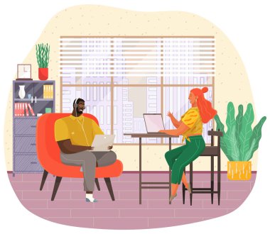 Çizgi film karakterleri iletişim kuruyor, iş yerinde bilgisayar ve kulaklıklarla sohbet ediyorlar.